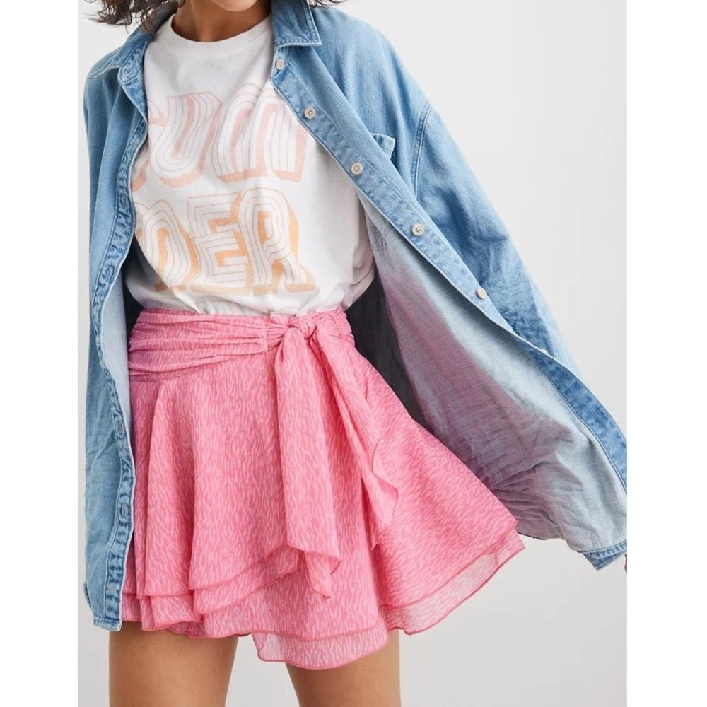 Aerie Chiffon Wrap Skirt Women Medium Pink Clay NWT Layered Ruffle Coquette AE